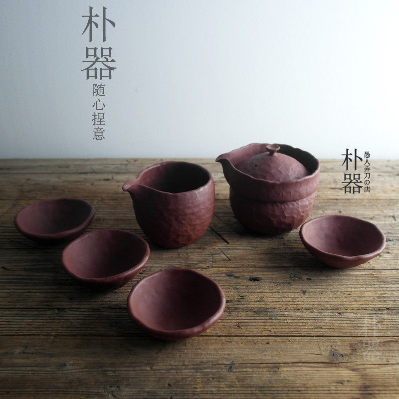 全手工紫砂茶具套装 原矿紫泥盖碗手抓壶 纯手工手捏 高沿防烫