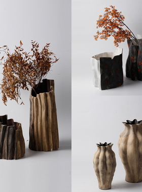 复古侘寂风做旧仿朽木陶瓷花瓶摆件酒店民宿客厅玄关创意花器装饰