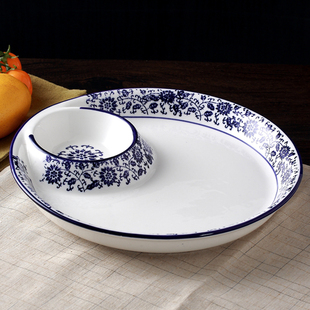 创意水饺盘子釉下彩青花陶瓷多用带格子酱料碟寿司盘圆形菜盘家用