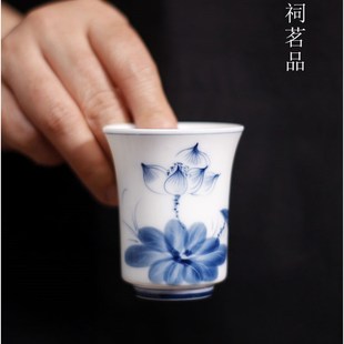 韩祠茗品青花瓷闻香杯主人杯大号功夫茶杯手绘荷花品茗杯直身杯