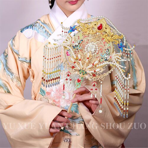 香槟色团扇新娘结婚diy材料包 手工喜扇秀禾服重工高级感遮面扇子