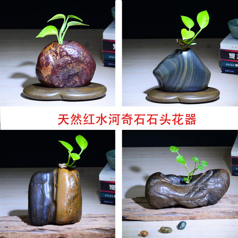 HP012天然石头大化石个性复古绿萝铜钱草水培花器插花瓶花盆
