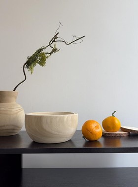 仿古实木水果盘装饰盆木质托盘原木色木盆民宿复古花瓶高级感摆件