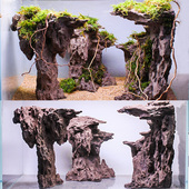 鱼缸仿真松皮石假山造景骨架枯山孤岛崖窟石头成品套餐水草缸峡谷