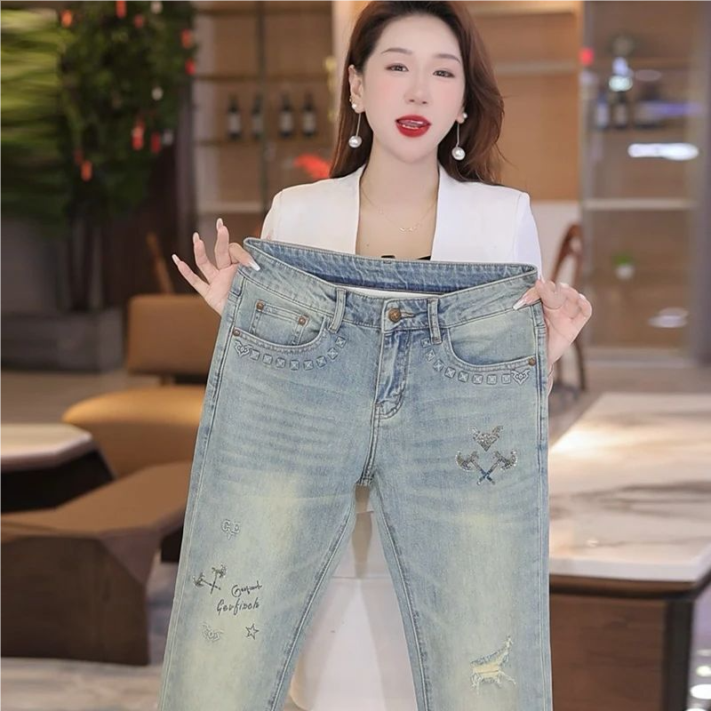 牛仔裤男款爆款2025新款夏季薄款显瘦修身小直筒时尚烫钻男士长裤