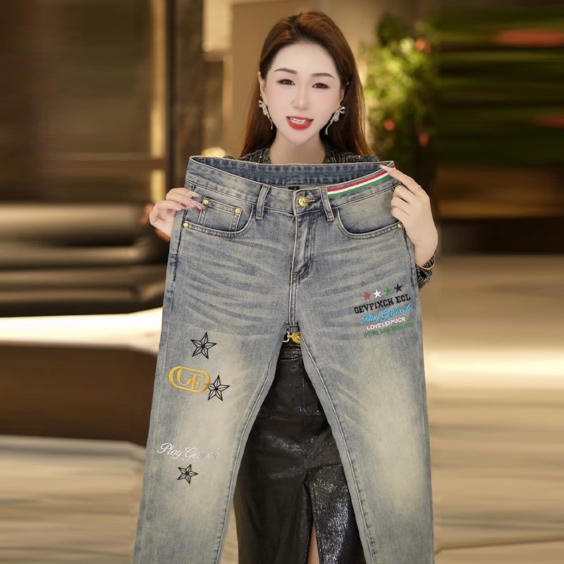 春季高端男士刺绣织带牛仔裤修身弹力时尚百搭显瘦高级感穿搭