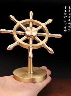 纯黄铜船舵摆件一帆风顺舵手旋转方向盘解压创意掌舵者领开业礼品