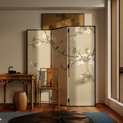 东方美学新古典屏风折叠移动客厅玄关入户茶室卧室床头折屏争鸣画