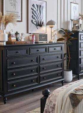 JY03*客J墙式实木九斗柜黑色法式复古厅边柜卧美室床尾靠窄收纳抽