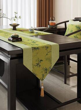 ?新中式禅意桌轻奢席绿色长茶旗条餐Fh(x}&aq桌布茶茶桌垫布中古