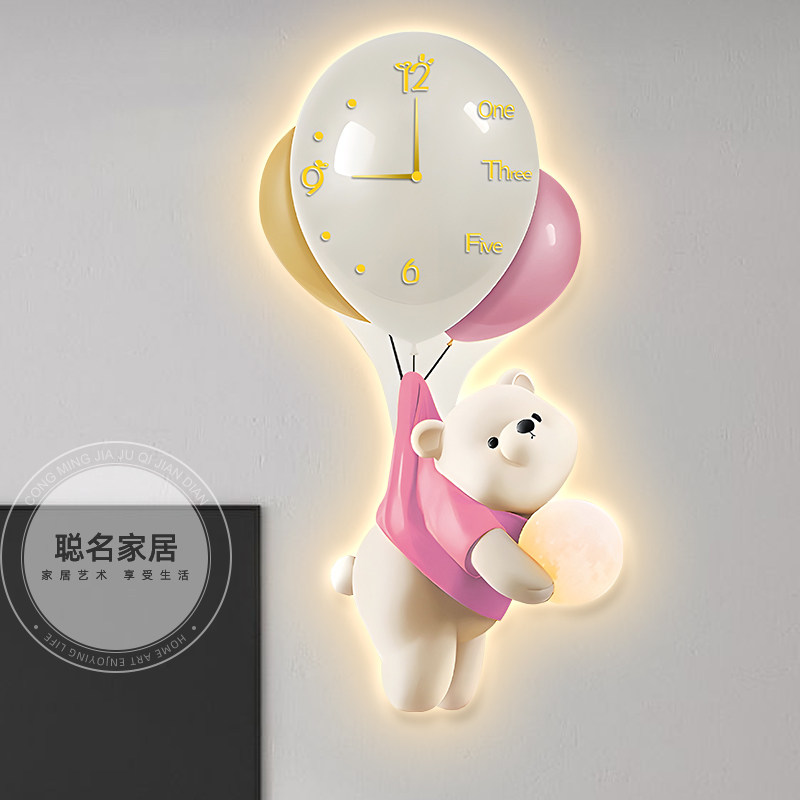 卡通创意儿童房装饰画带钟表挂墙房间卡通熊男孩女孩卧室床头挂画,家居饰品,现代装饰画,淘宝优惠券,粉丝福利购,淘宝优惠卷