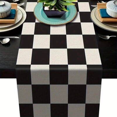 1pc Geometric Stripe Linen Table Runner, Modern Simple Black