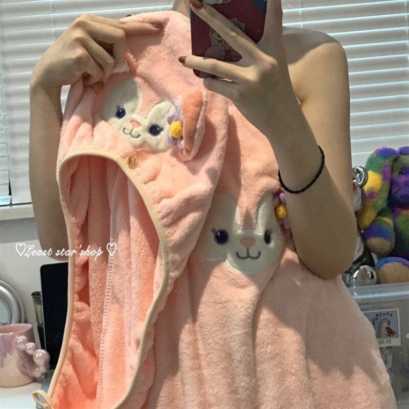 可爱粉色狐狸浴巾女可穿可裹家用珊瑚绒浴袍吸水速干毛巾洗澡浴裙