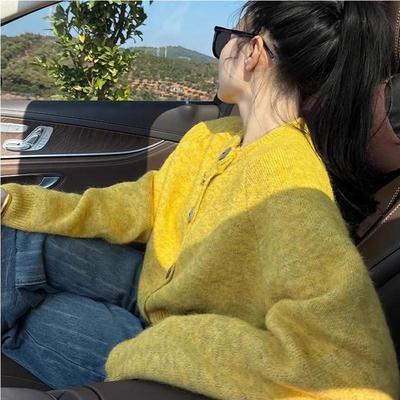 高级感小众慵懒风针织开衫春秋新款宽松小个子别致软糯黄色外套女