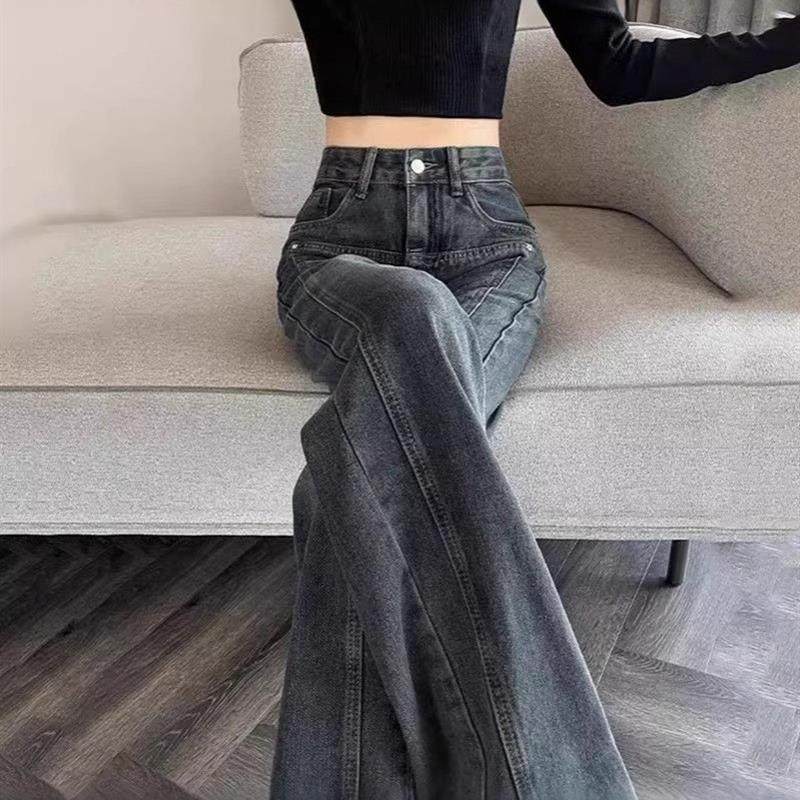 水泥灰窄版宽松阔腿牛仔裤女2025年新款宽松小个子高腰直筒裤春季