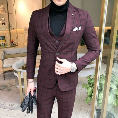 Mens Suit Evening Dress Banquet Wedding Plaid Design Suit C