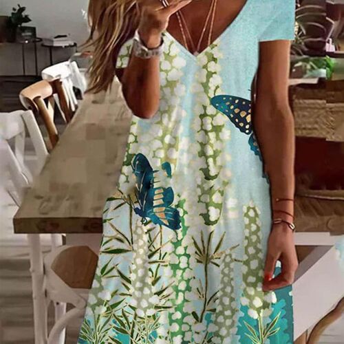 Spring Summer Womens Flower Butterfly Print V Neck A Line