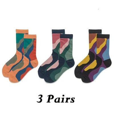 3 Pairs of Vintage Color Matching Socks, Innovative Pattern