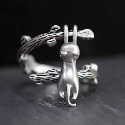 Japanese Style Cute Cat Ring for Men Women Simplicity Silver