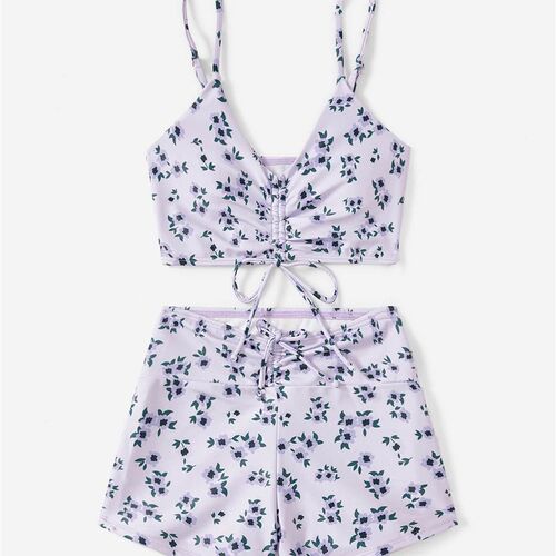 Floral Print Drawstring Bikini 2023 Women High Waist Swimsui