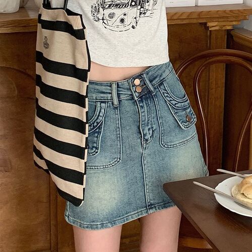 Korean Style Retro High Waist Denim Skirt Half-length Skirt