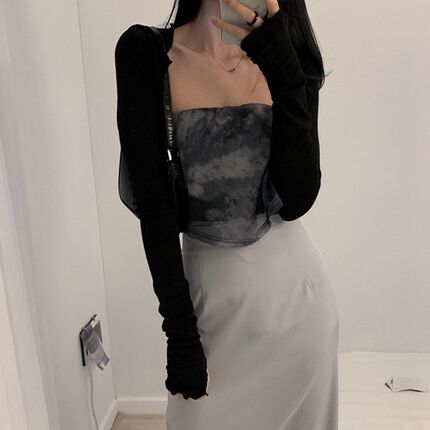 Women Thumbhole Long Sleeve Bolero Shrug Solid Color Open Fr