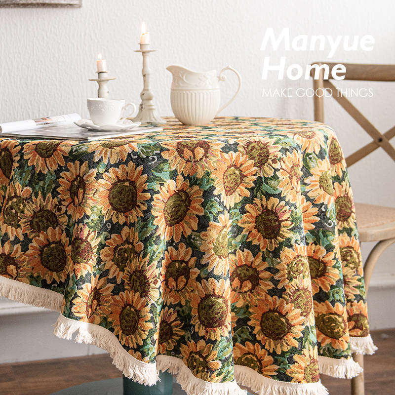 蔓越家  法式复古圆桌布向日葵台布棉麻流苏餐桌布电视柜茶几布,居家布艺,桌布,淘宝优惠券,粉丝福利购,淘宝优惠卷