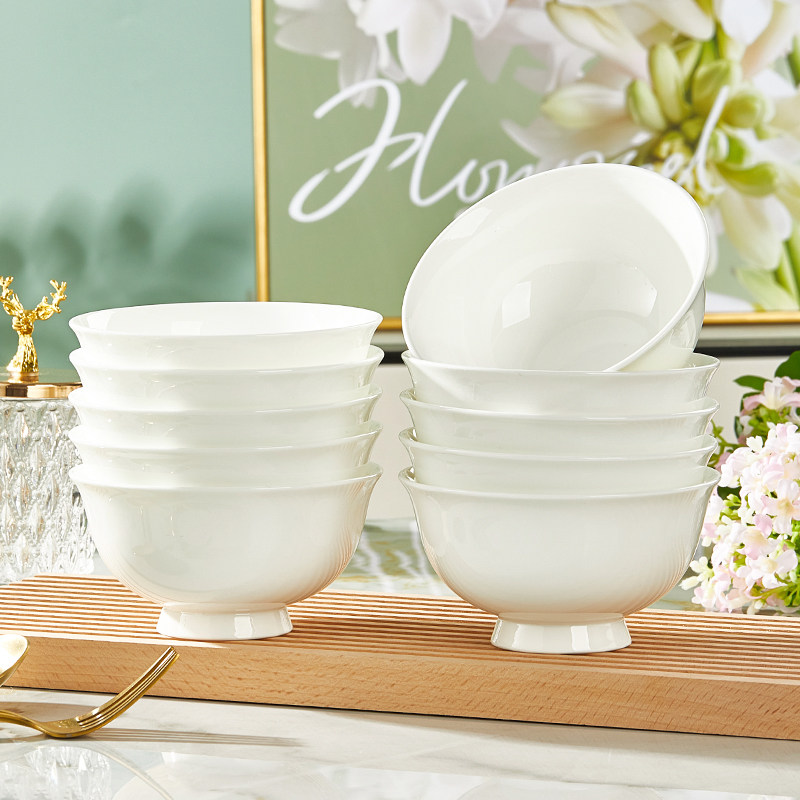 釉下彩饭碗家用2024新款纯白骨瓷高脚防烫碗大号餐具陶瓷碗盘套装