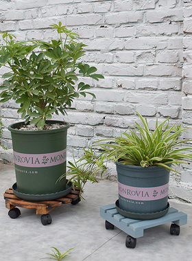 木质移动托盘阳台大花盆底座实木花架盆景架复古蓝色带刹车滚轮