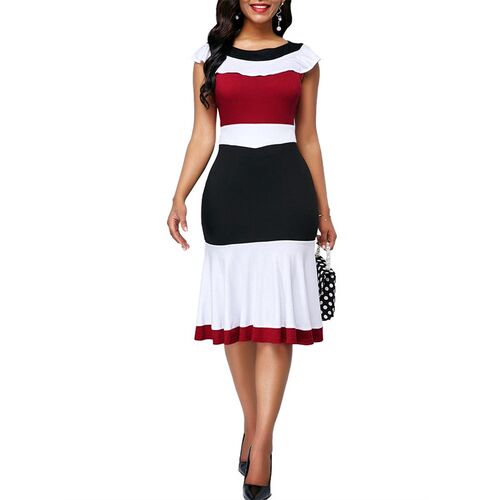 woman dress Office Lady O Neck Ruffled Hem Sleeveless Color