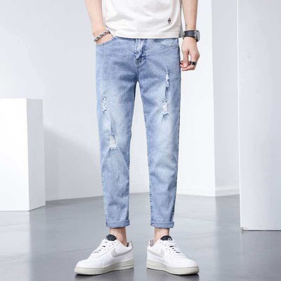 Spring and Summer New Jeans Mens Cropped Pants Washed tendy