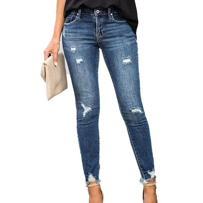 New Mid Waist Skinny Jeans Women Vintage Distressed Denim Pa