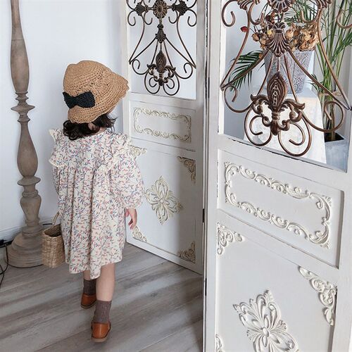 Spring cute girls floral long sleeve princess dress cotton l