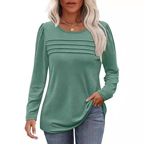 2025 Womens Round Neck Long Sleeve Tuck Line Pleated Top
