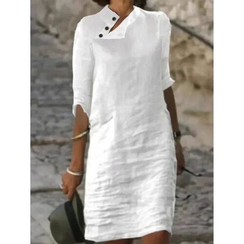 2025 Spring Cotton Linen Womens Dress White Stand Collar