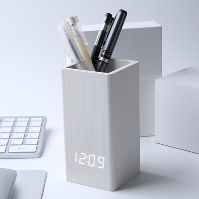 Pen Holder Wooden Clock Creative Voice-Activated Electronic