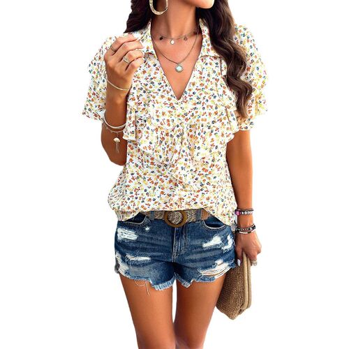 Diyun Top Womens 2025 Elegant Printing Wooden Ear Short Sle