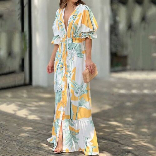 Ellafads Women Maxi Dress Summer Stylish Print Short Puff Sl