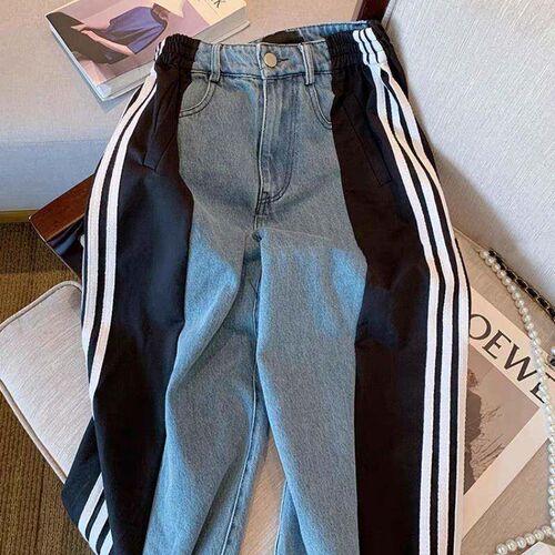 Color Contrast Patchwork Wide-Leg Jeans Women's Fashion