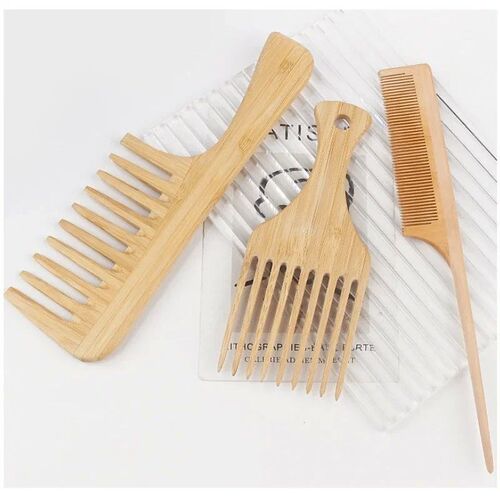 3Pc Natural Bamboo Wooden Hair Comb Anti-Static Afro Fork Co