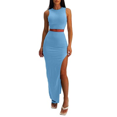 Women Summer 2 Pieces Outfits Solid Color Crew Neck Sleevele