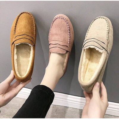 Winter Women Shoes Flats Loafers Short Flock Inside Sewing S
