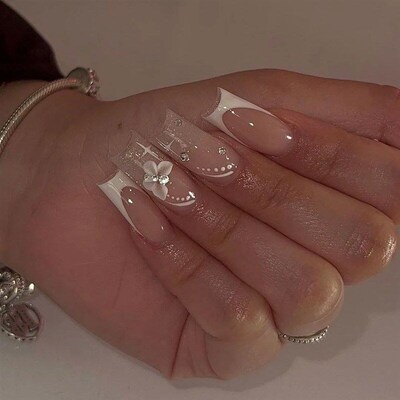 24Pcs Long Ballet False Nails with Bow Designs Pink Coffin P