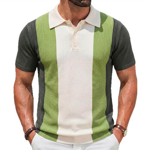 Mens green striped knitted sweater with a collar and