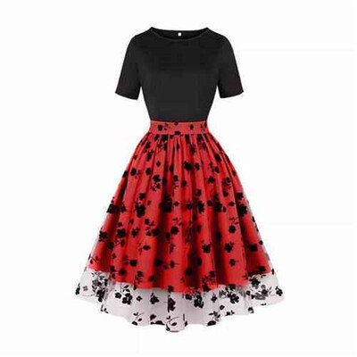 retro neck Womens mesh swing waist short-sleeved stitching