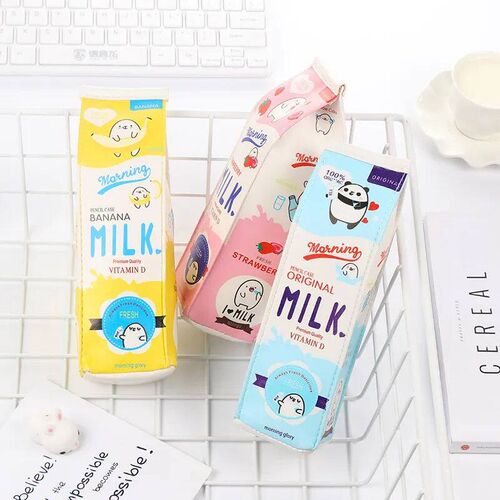 Cartoon Milk bottle school pencil case cute PU pen bag stora