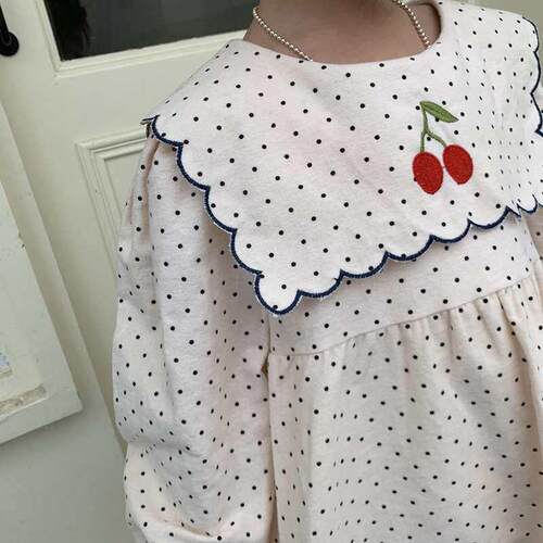 Cherry Embroidered Girls Dress Spring New Wave Dot Long Sle