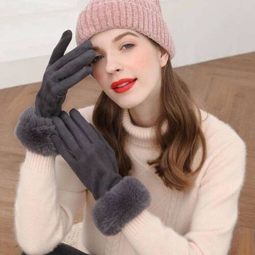 Female Faux Rabit Fur Suede Leather Touch Screen Driving Glo