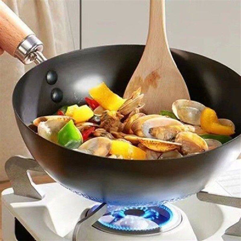 Wok for Stoves Pan Gas Traditional Frying Pans Flat Wooden - 实物图