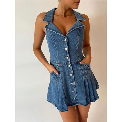 Fashion Single Breasted Ruffle Women Denim Short Dress